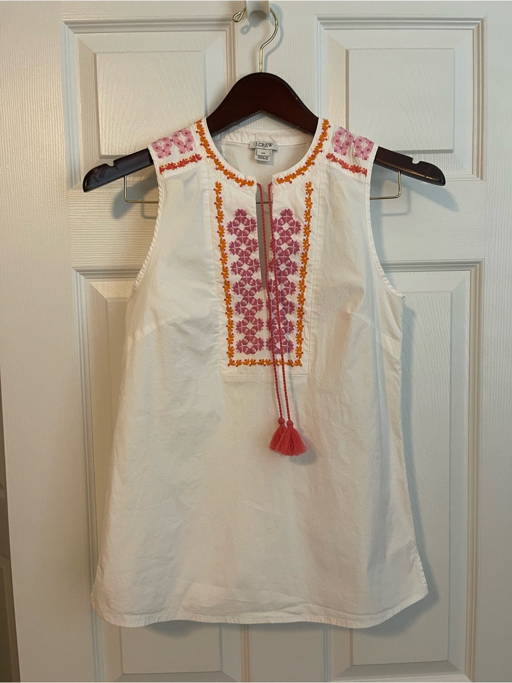 J. Crew White Embroidered Sleeveless Top with Pink & Orange Detail
